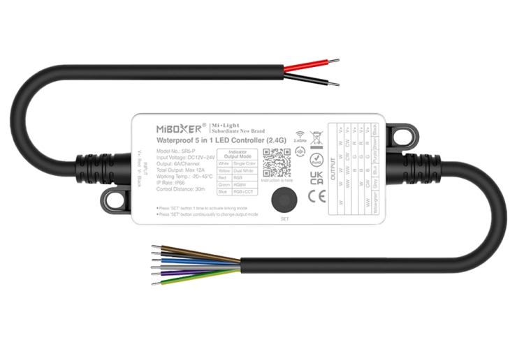 Kontroler LED MiBoxer SR5-P / mono / podw. biały CCT / RGB / RGBW / RGB + CCT / 12-24VDC / 5x6A / IP66