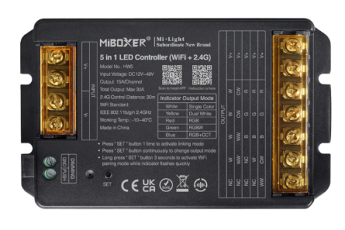 Kontroler LED MiBoxer HW5 / mono / podw. biały CCT / RGB / RGBW / RGB + CCT / 12-48VDC / 5x15A / WiFi