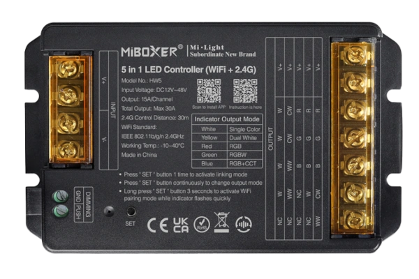 Kontroler LED MiBoxer HW5 / mono / podw. biały CCT / RGB / RGBW / RGB + CCT / 12-48VDC / 5x15A / WiFi