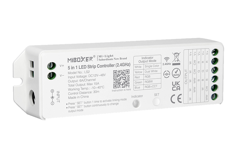 Kontroler LED MiBoxer LS2 / mono / CCT / RGB / RGBW / RGB + CCT / 12-48VDC / 5x6A / IP20