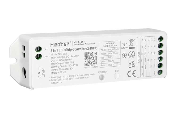 Kontroler LED MiBoxer LS2 / mono / CCT / RGB / RGBW / RGB + CCT / 12-48VDC / 5x6A / IP20