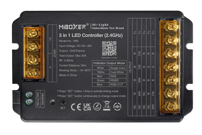 Kontroler LED MiBoxer HR5 / mono / podw. biały CCT / RGB / RGBW / RGB + CCT / 12-48VDC / 5x15A / IP20