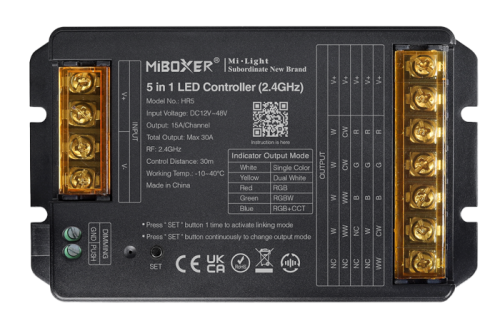 Kontroler LED MiBoxer HR5 / mono / podw. biały CCT / RGB / RGBW / RGB + CCT / 12-48VDC / 5x15A / IP20