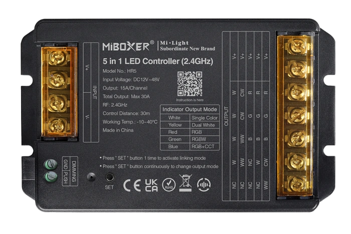 Kontroler LED MiBoxer HR5 / mono / podw. biały CCT / RGB / RGBW / RGB + CCT / 12-48VDC / 5x15A / IP20