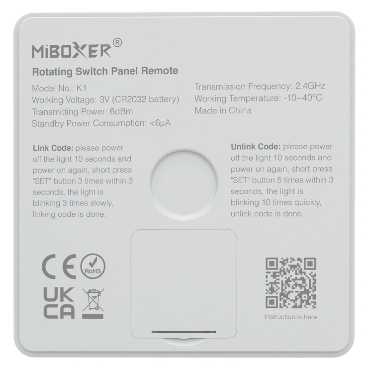 Panel kontrolny K1 / ściemnianie / CCT / 2,4G RF / 3VDC / biały / IP20 / Bergmen by MiBoxer