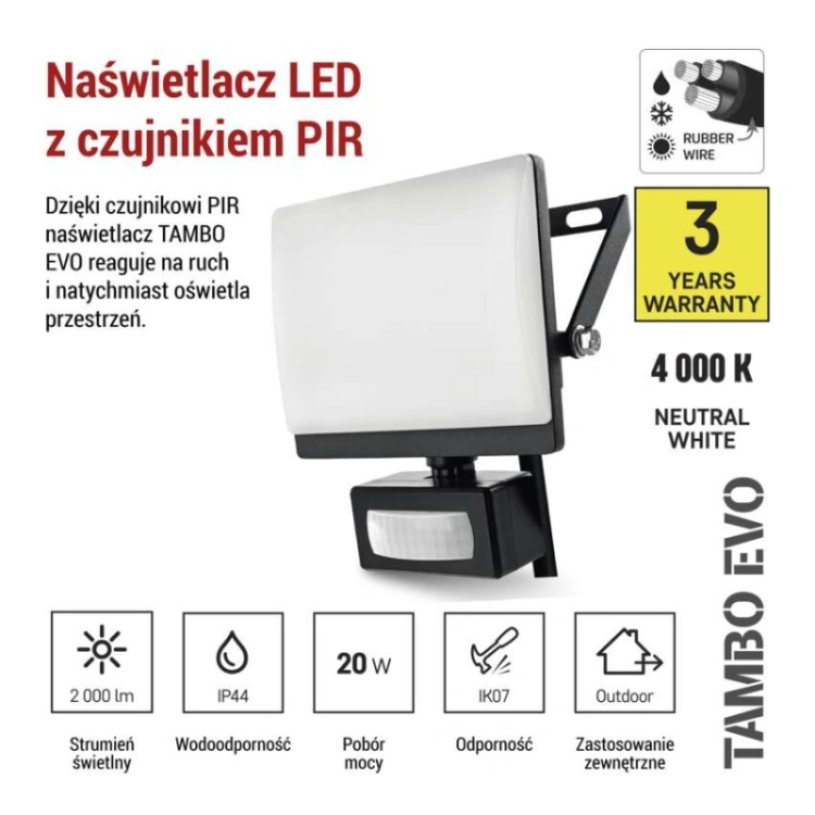 Naświetlacz LED TAMBO EVO z czujnikiem PIR, 20 W, 2000 lm, IP44, czarny