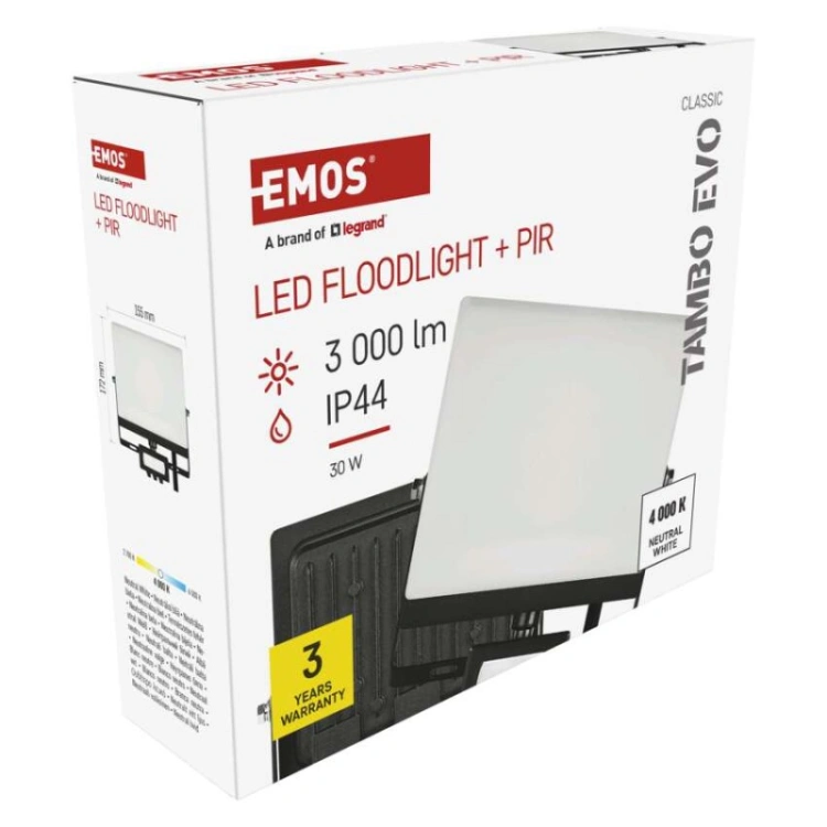 Naświetlacz LED TAMBO EVO z czujnikiem PIR, 30 W, 3000 lm, IP44, czarny