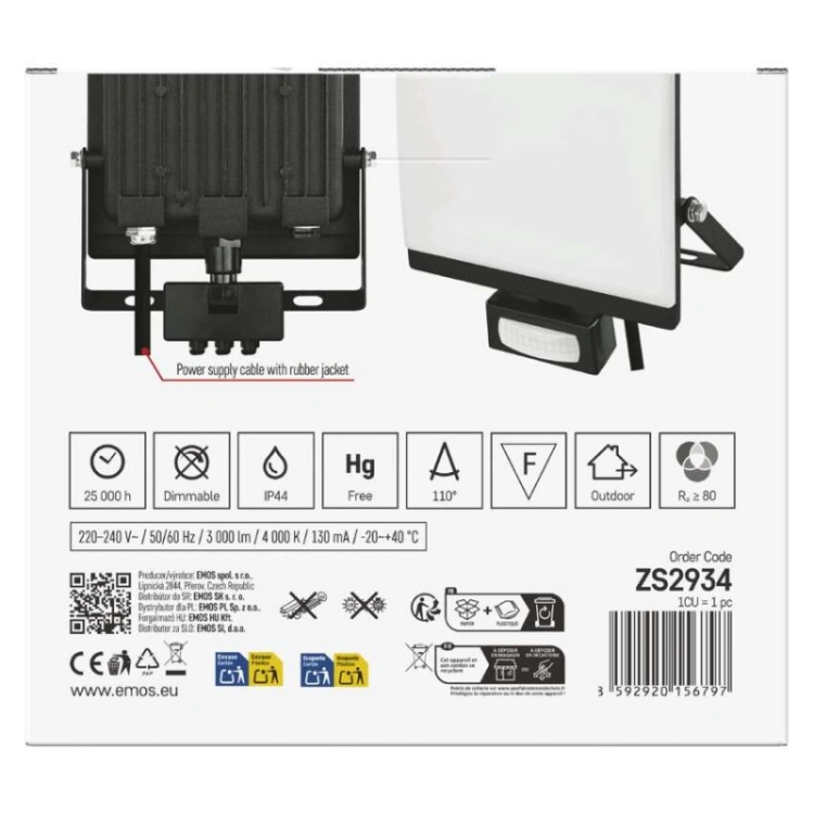 Naświetlacz LED TAMBO EVO z czujnikiem PIR, 30 W, 3000 lm, IP44, czarny