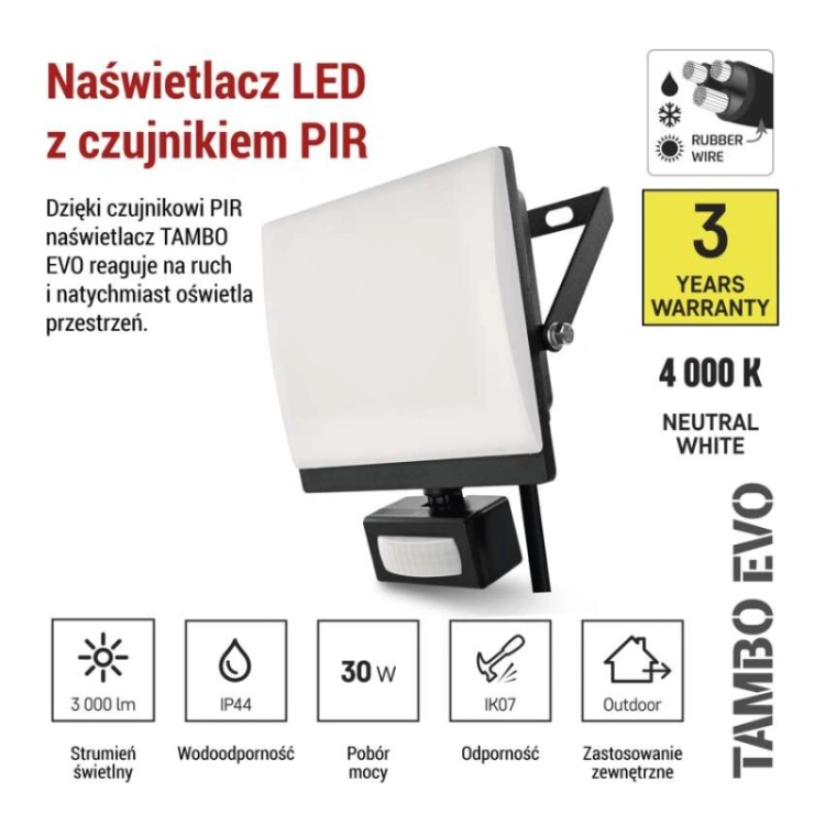 Naświetlacz LED TAMBO EVO z czujnikiem PIR, 30 W, 3000 lm, IP44, czarny