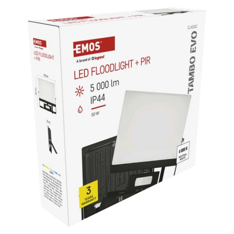 Naświetlacz LED TAMBO EVO z czujnikiem PIR, 50 W, 5000 lm, IP44, czarny