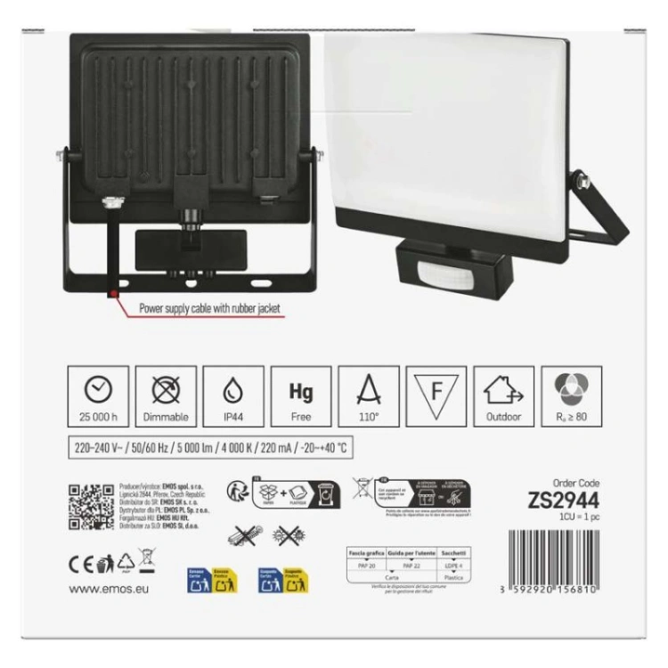 Naświetlacz LED TAMBO EVO z czujnikiem PIR, 50 W, 5000 lm, IP44, czarny