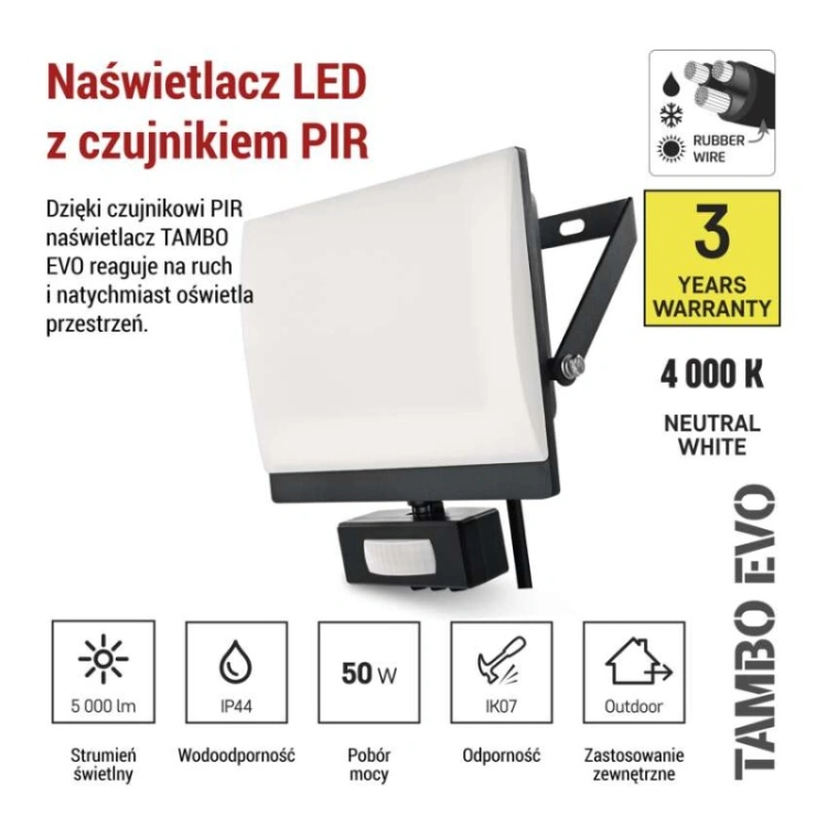 Naświetlacz LED TAMBO EVO z czujnikiem PIR, 50 W, 5000 lm, IP44, czarny