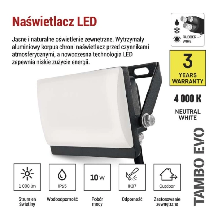 Naświetlacz LED TAMBO EVO, 10 W, 1000 lm, IP65, czarny