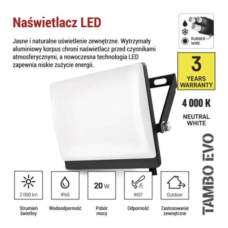 Naświetlacz LED TAMBO EVO, 20 W, 2000 lm, IP65, czarny