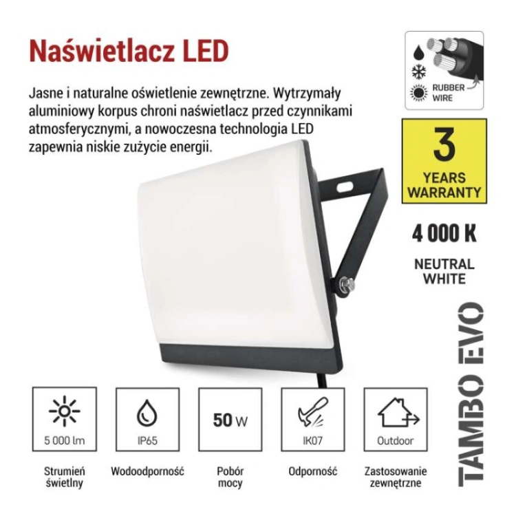 Naświetlacz LED TAMBO EVO, 50 W, 5000 lm, IP65, czarny
