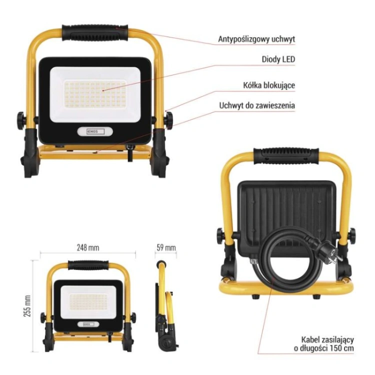 Naświetlacz LED GLARO 50 W, żółto-czarny, IP65, 5000 lm, neutralna biel