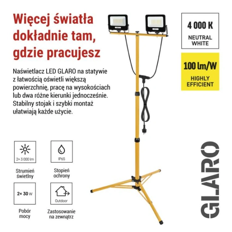 Naświetlacz LED GLARO, 2×30W + statyw, neutralna biel