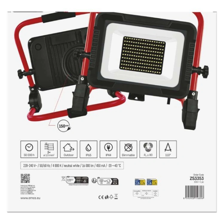 Naświetlacz LED ELION 100W, czerwony-czarny, IP65, 16 000 lm, neutralna biel