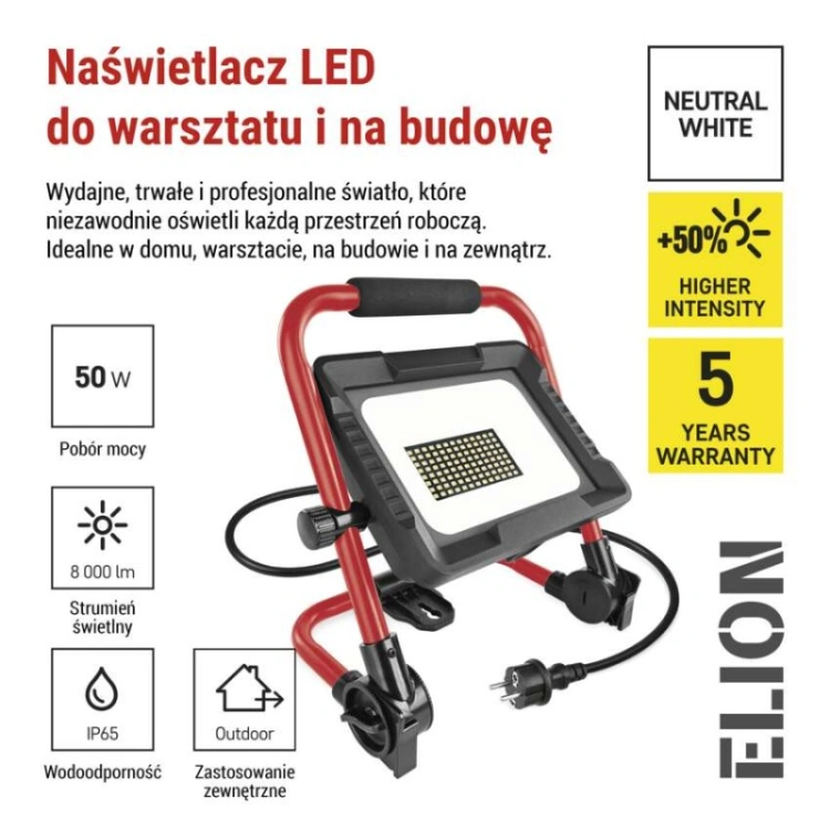 Naświetlacz LED ELION 50W, czerwony-czarny, IP65, 8000 lm, neutralna biel