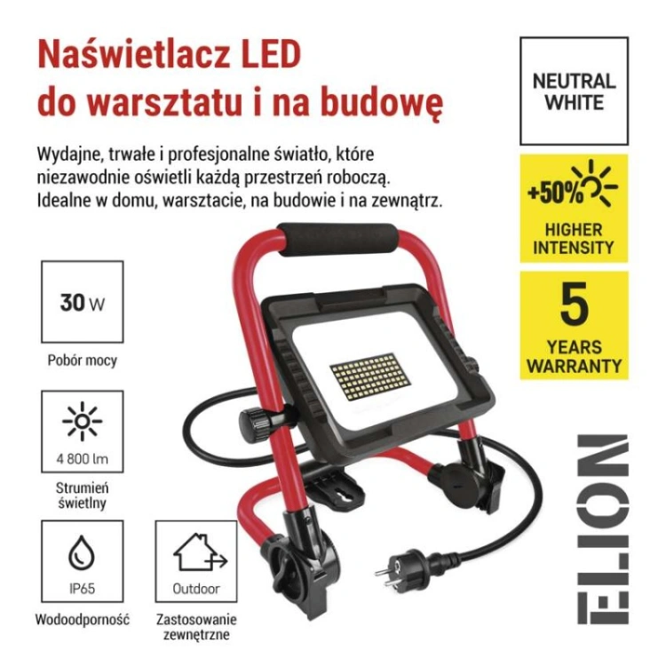 Naświetlacz LED ELION 30W, czerwony-czarny, IP65, 4800 lm, neutralna biel