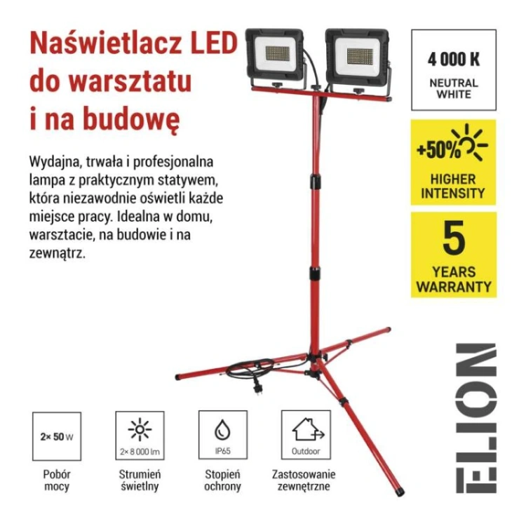 Naświetlacz LED ELION 2×50W + statyw, neutralna biel