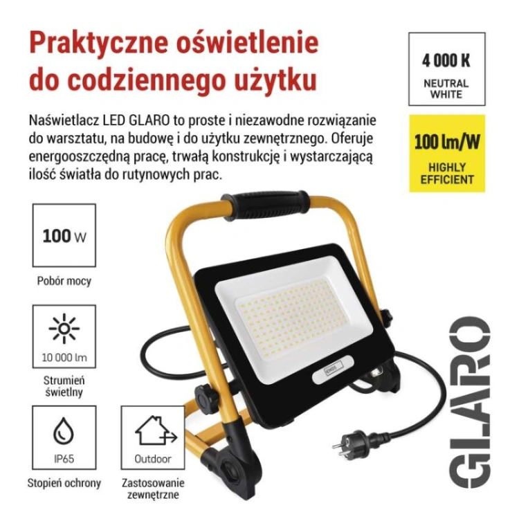 Naświetlacz LED GLARO 100 W, żółto-czarny, IP65, 10 000 lm, neutralna biel