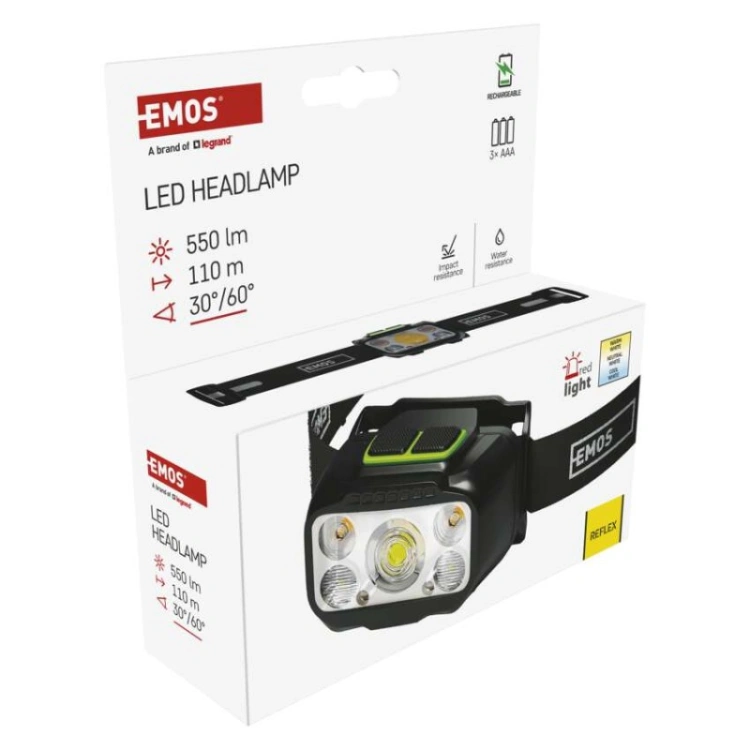 Latarka czołowa LED, 550 lm, Li-Pol 1000 mAh ładowalna / 3× AAA