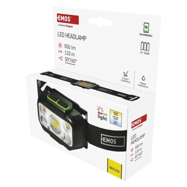 Latarka czołowa LED, 550 lm, Li-Pol 1000 mAh ładowalna / 3× AAA