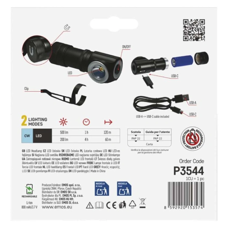 Latarka czołowa LED, 500 lm, Li-Ion 800 mAh ładowalna