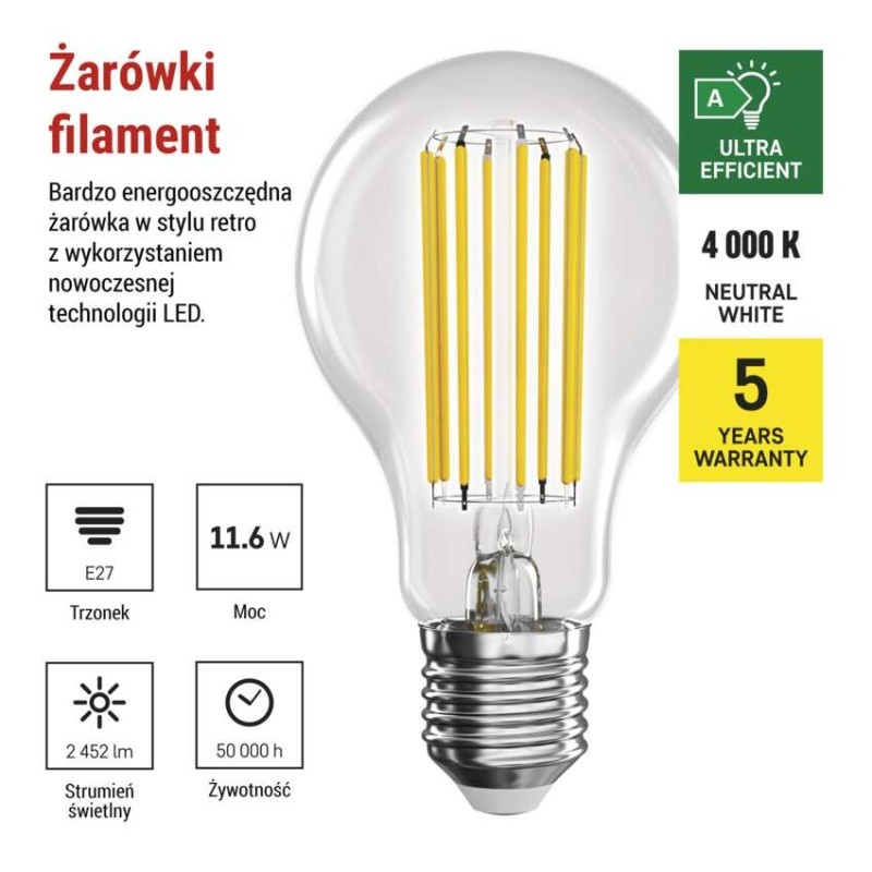 Żarówka LED Filament A70 / E27 / 11.6 W (150 W) / 2 452 lm / neutralna biel / A CLASS