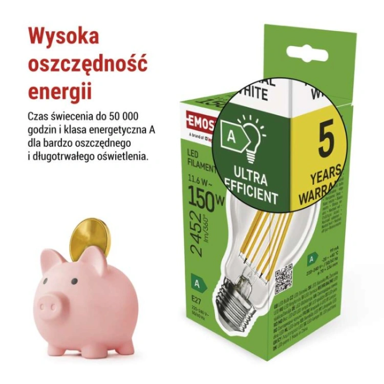 Żarówka LED Filament A70 / E27 / 11.6 W (150 W) / 2 452 lm / neutralna biel / A CLASS