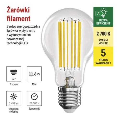 Żarówka LED Filament A70 / E27 / 11.6 W (150 W) / 2 452 lm / ciepła biel / A CLASS
