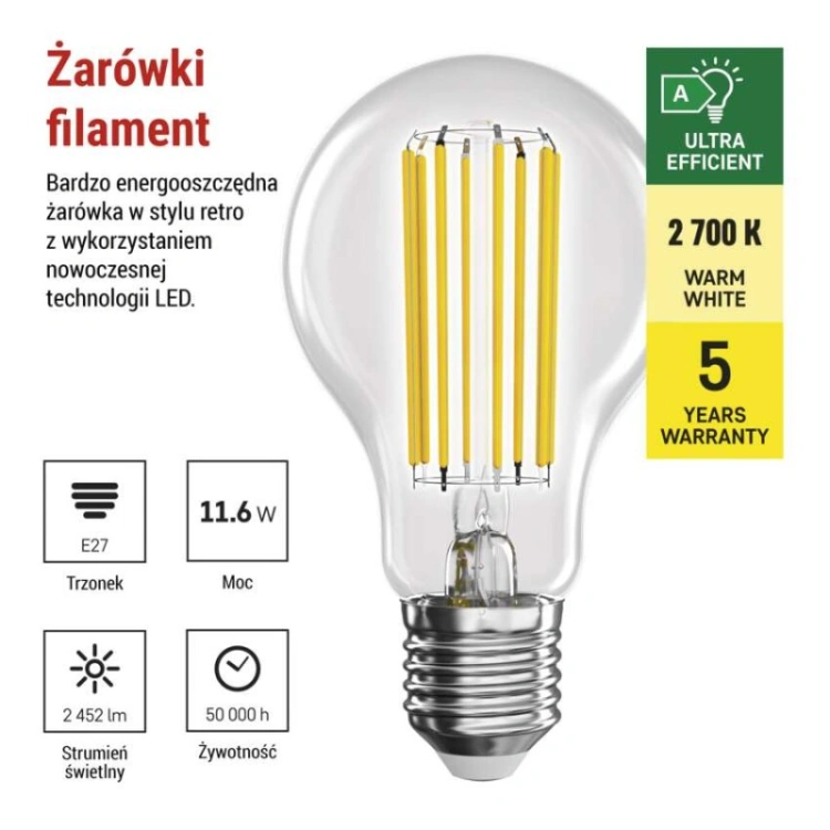 Żarówka LED Filament A70 / E27 / 11.6 W (150 W) / 2 452 lm / ciepła biel / A CLASS