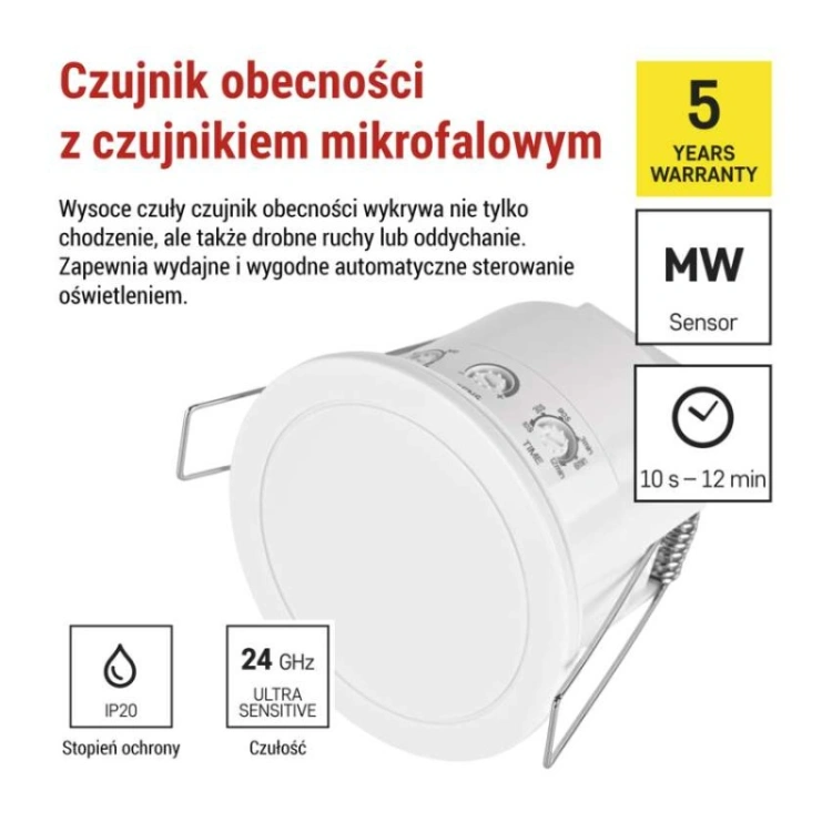 Mikrofalowy czujnik obecności IP20 24GHZ 2000W, biały