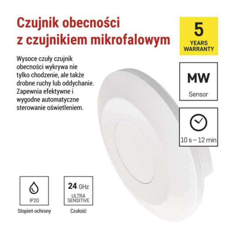 Mikrofalowy czujnik obecności IP20 24GHZ 2000W biały