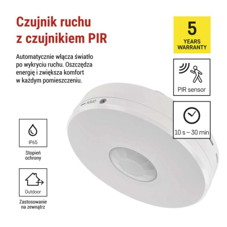 Czujnik ruchu PIR IP65 2000W, biały