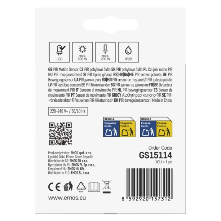 Czujnik ruchu PIR IP20 500W, biały