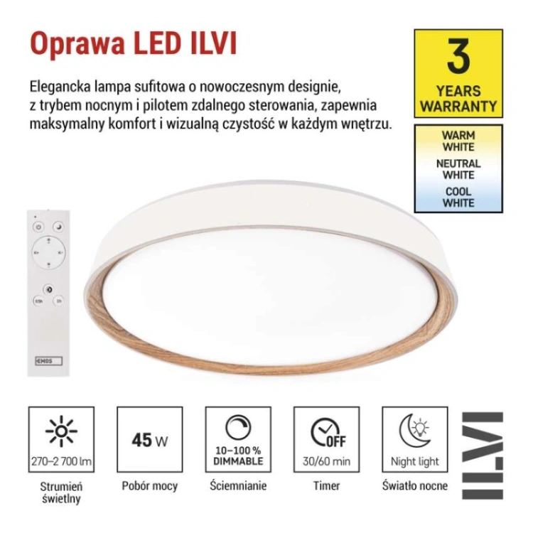 Oprawa LED nawierzchniowa ILVI, okrągła, 45 W, z funkcją ściemniania i zmianą temperatury