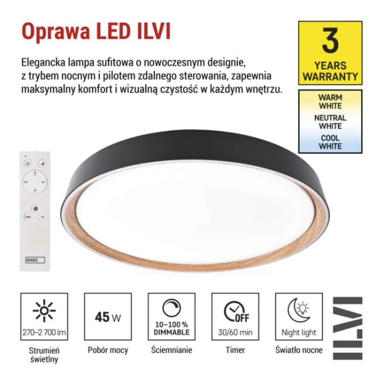 Oprawa LED do montażu natynkowego ILVI, okrągła, 45 W, regulacja jasności + CCT, czarna +