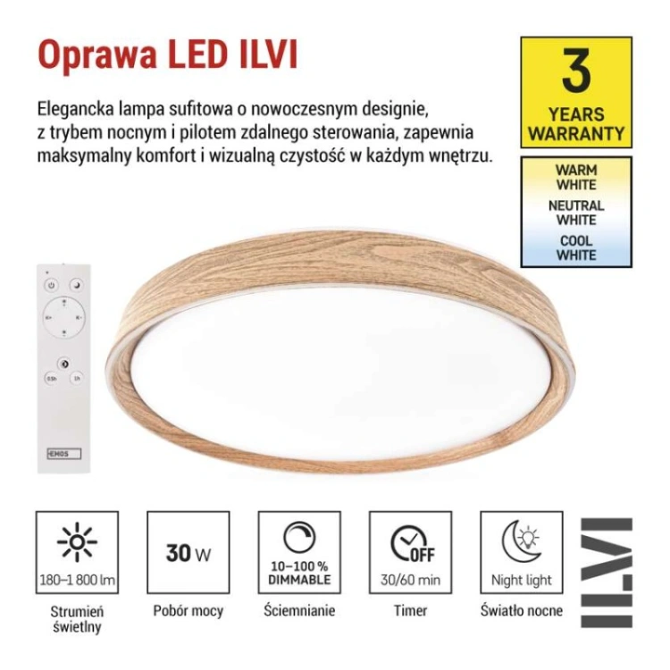 Oprawa LED nawierzchniowa ILVI, okrągła 30 W, regulacja jasności + CCT, drewno