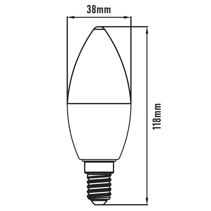 Wymiary żarówki ECO LIGHT C37 E14 38x118mm
