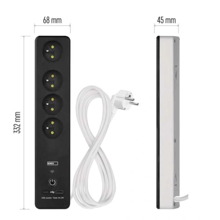 GoSmart Przedłużacz 2 m / 4 gniazda / z wyłącznikiem / z USB / biało-czarny / PVC / 1,5mm2