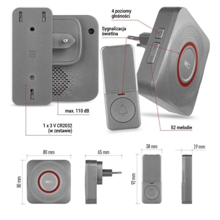 GoSmart Dzwonek bezprzewodowy z WiFi, srebrny