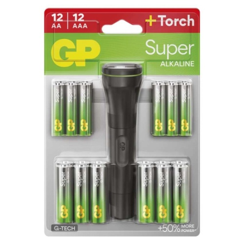 Baterie alkaliczne GP: 12 szt. typu SUPER AA + 12 szt. typu AAA + latarka BL