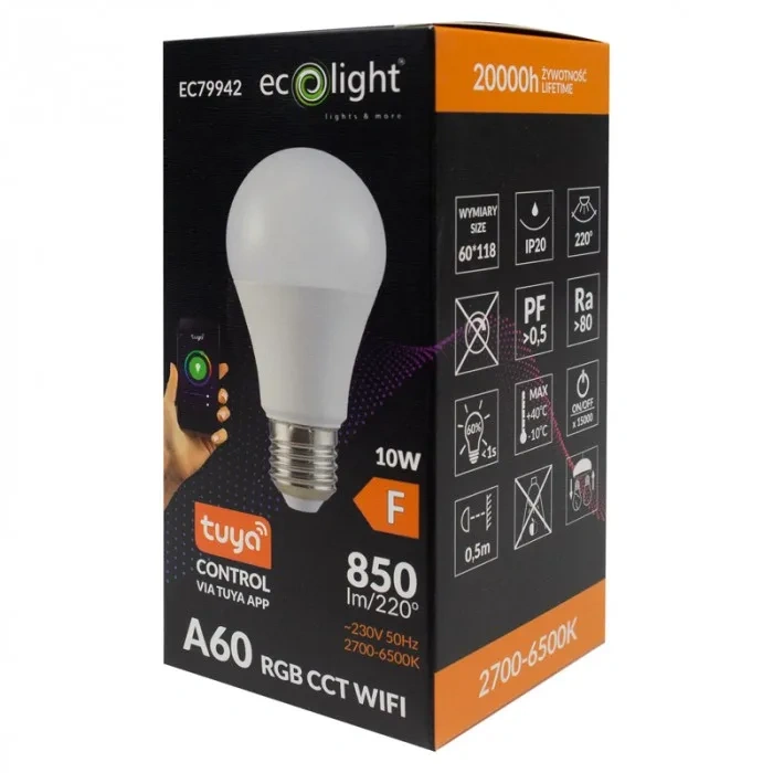 Żarówka E27 RGB CCT sterowana aplikacją Tuya Smart