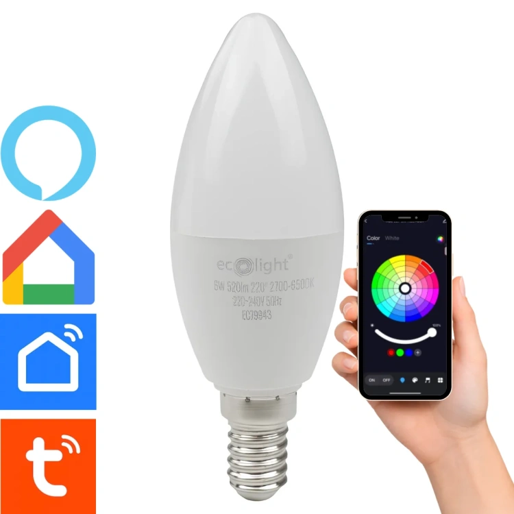 Żarówka LED CANDLE E14 6W RGB CCT 520lm WiFi Tuya ECO LIGHT