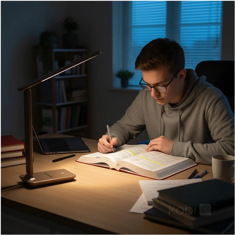 Brązowa lampka LED NOBLITE N na biurku do pracy