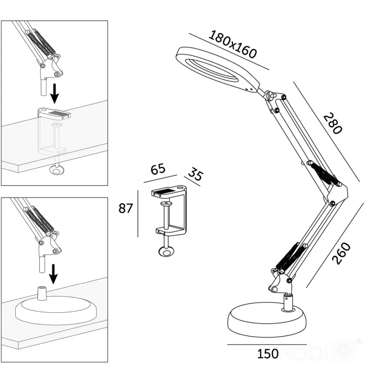 Wymiary lampki biurkowej LED2B AURIQ LOUPE
