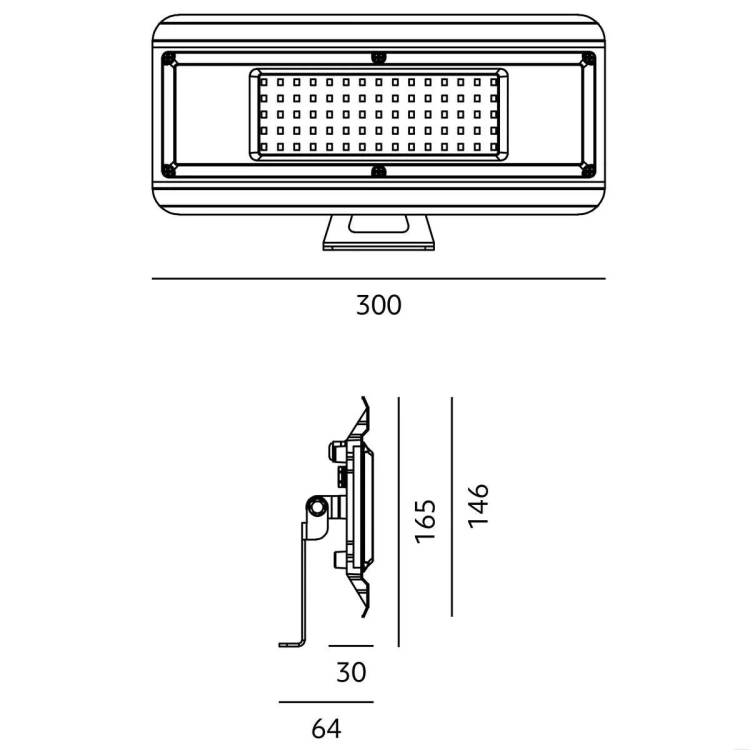 Wymiary oprawy LED MULTILUXO 100W 300x165x64mm