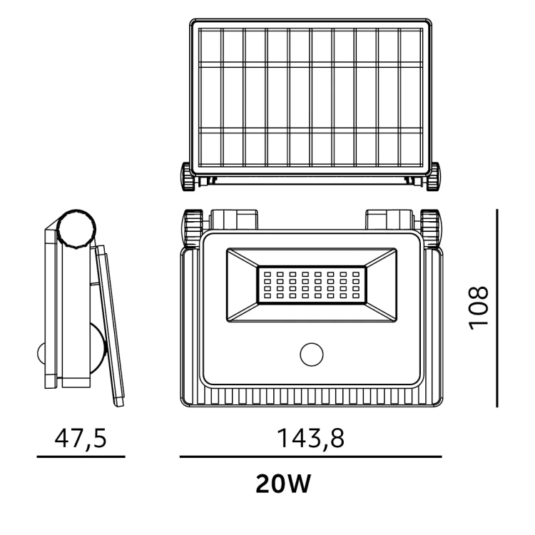 Wymiary naświetlacza solarnego NCS G2 20W Kobi